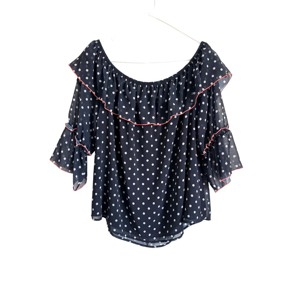 Sweetpea NY&Co Black Polkadot Chiffon Off Shoulder Top 3/4 Sleeves Ruffle XL